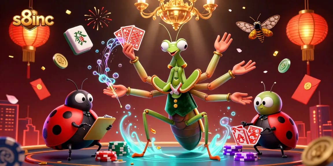 Experience high stakes gaming thrills with the vibrant 3D scene of s8inc, showcasing a giant mantis dealer and lucky elements.