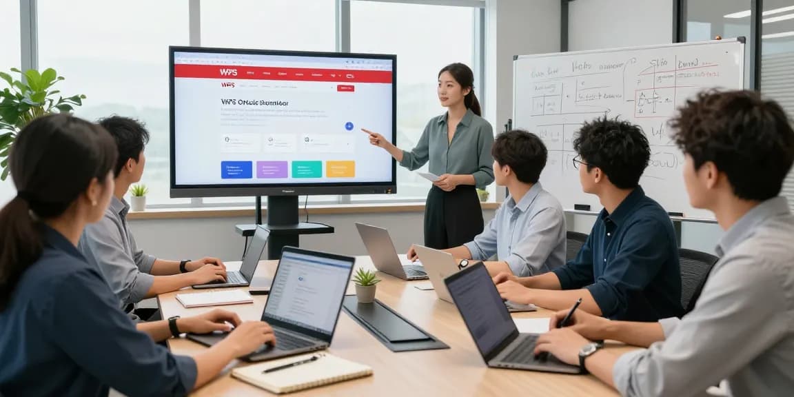 WPS Official Website presentation in a modern office meeting, showcasing collaboration and innovation