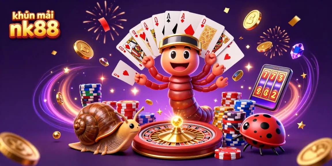 Engage with khuyến mãi nk88 in a lively casino scene featuring a cartoon dealer and vibrant chips.