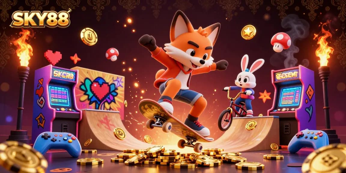 Experience thrilling gaming action at SKY88 with a vibrant 3D casino illustration showcasing fun characters and casino elements.