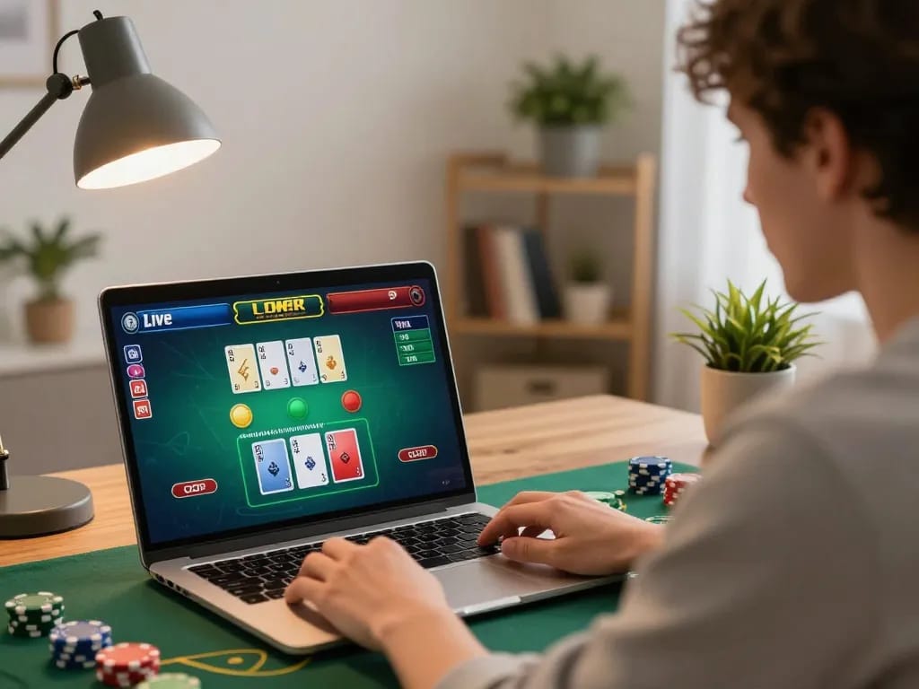 Engaged player enjoying s8 online blackjack in a cozy home setting, laptop displaying live dealer game.