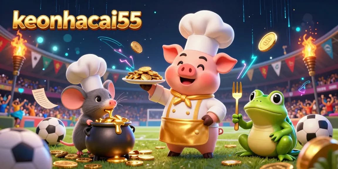 Bet on the excitement with keonhacai55 as vibrant characters serve golden coins in an energetic sports betting scene.