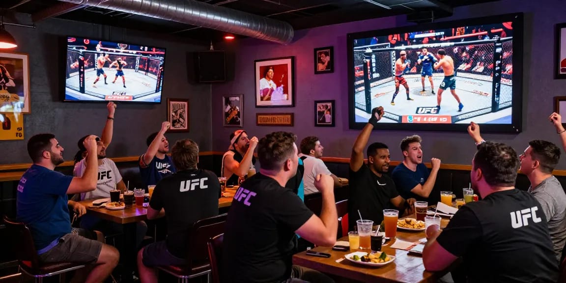 Fans disfrutando de un evento de UFC en España, celebrando en un bar con pantallas grandes.