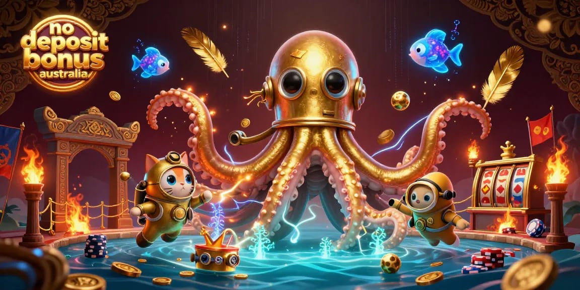 No deposit bonus australia illustrated scene with kraken, diving cat, and casino elements.