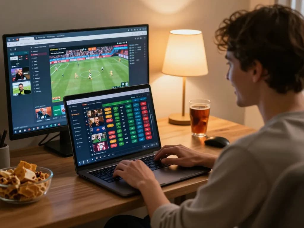 Betting on keo nha cai hom nay with a laptop, displaying game odds in a cozy home environment.
