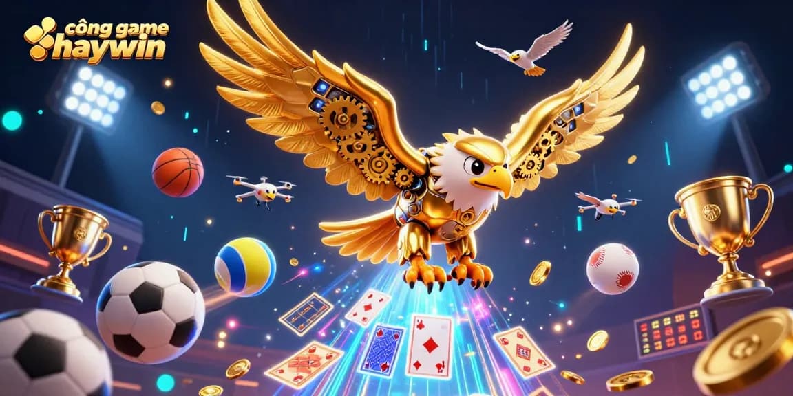 Experience the excitement at cổng game haywin with a thrilling scene of a diving golden eagle amidst vibrant sports elements.
