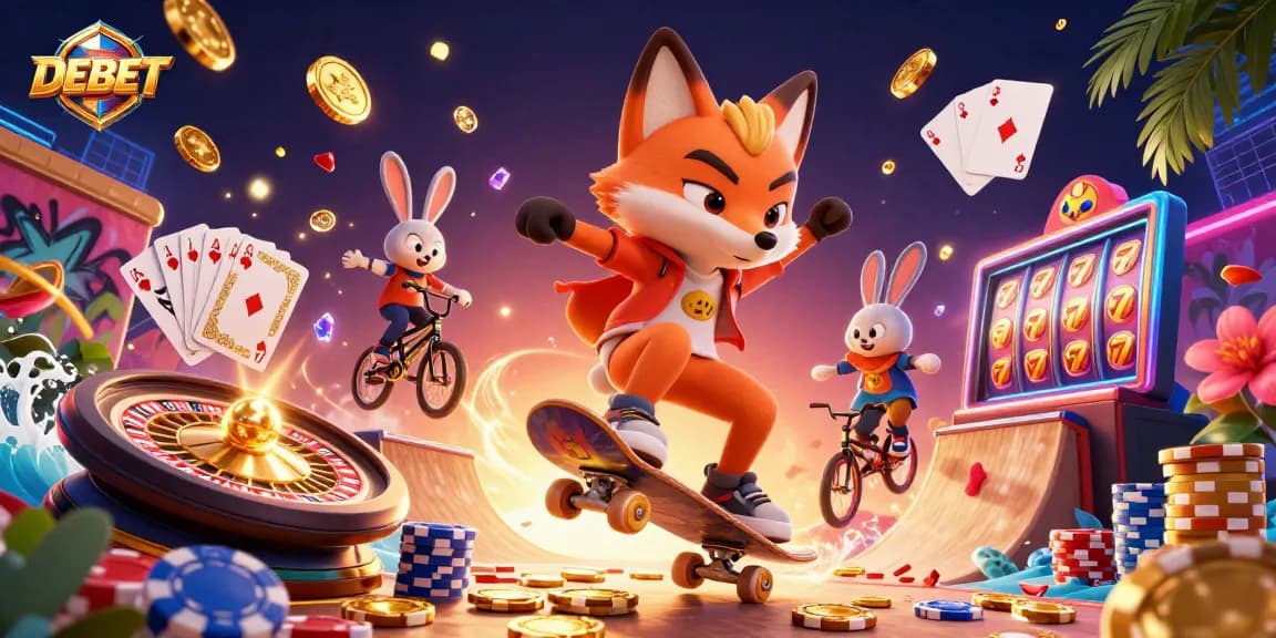 DEBET showcases a vibrant 3D scene of a skateboard fox and BMX rabbit with casino elements.