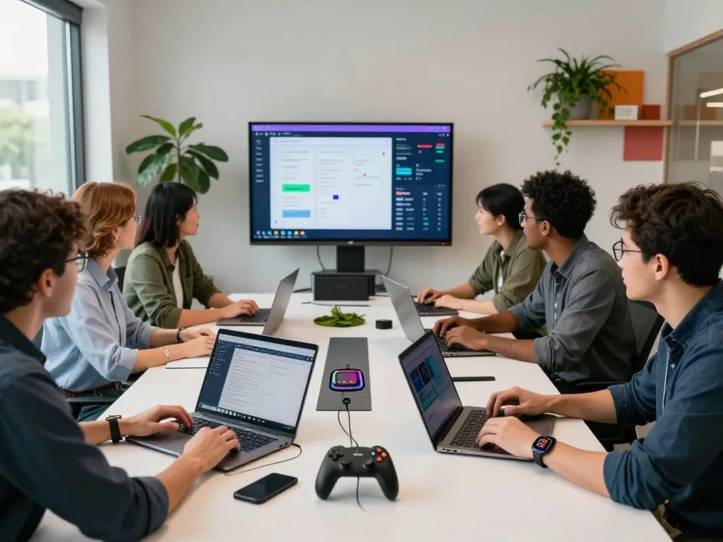 Showcase of must have tech gadgets in a modern workspace with professionals collaborating.
