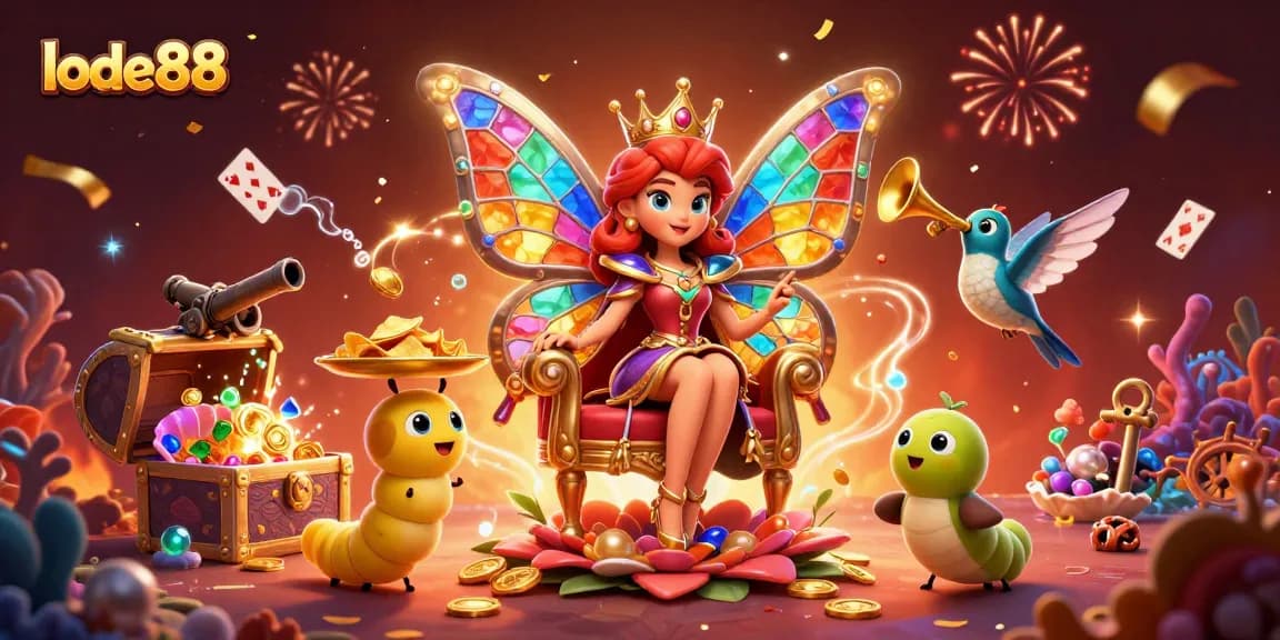 Engage with lode88's colorful casino scene featuring a butterfly queen and vibrant gaming elements.