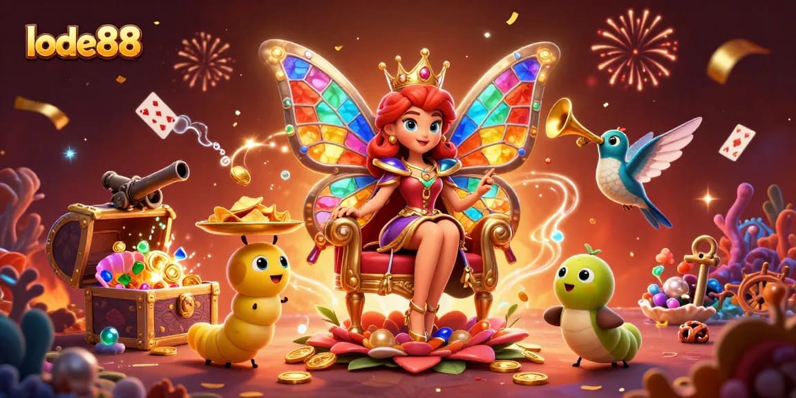 Engage with lode88's colorful casino scene featuring a butterfly queen and vibrant gaming elements.