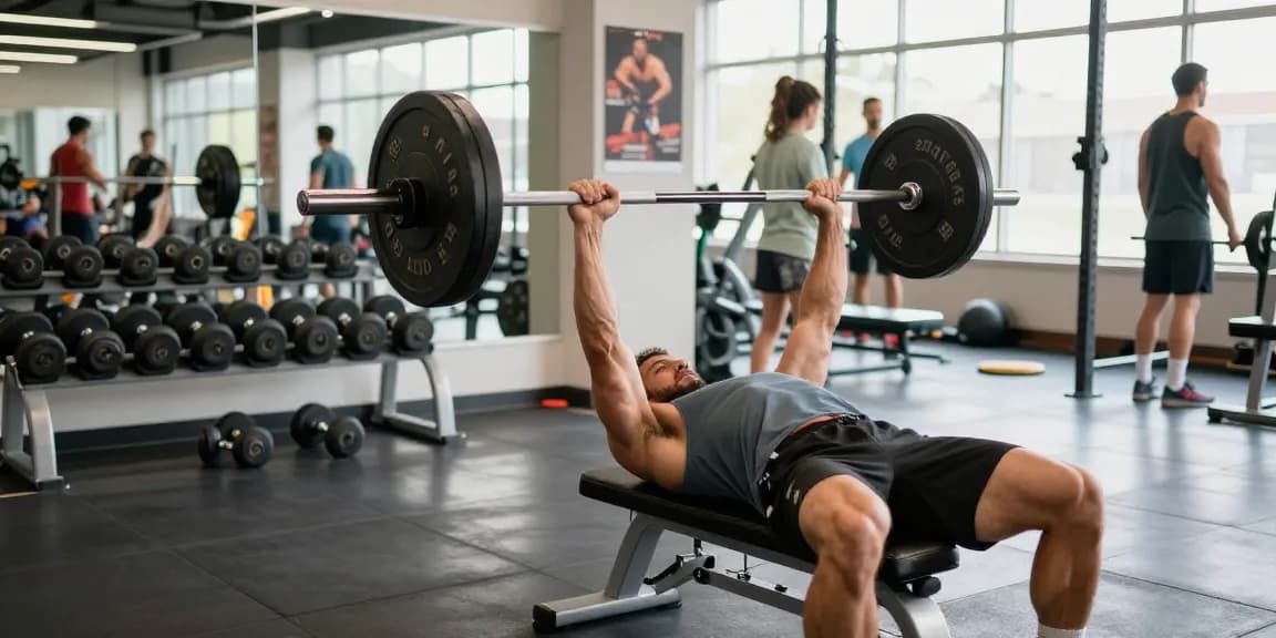 Culturista levantando pesas en el gimnasio Esteroidesshop, mostrando entrenamiento de fuerza y dedicación