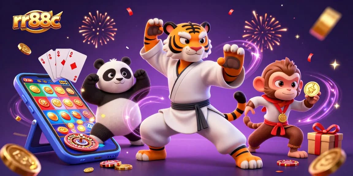 Win big at rr88c with this lively scene showcasing a kung fu tiger, panda, and monkey amid exciting casino elements.