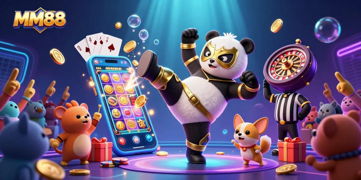 Experience the excitement of MM88 with a vibrant scene featuring a panda wrestler and decorative casino elements.