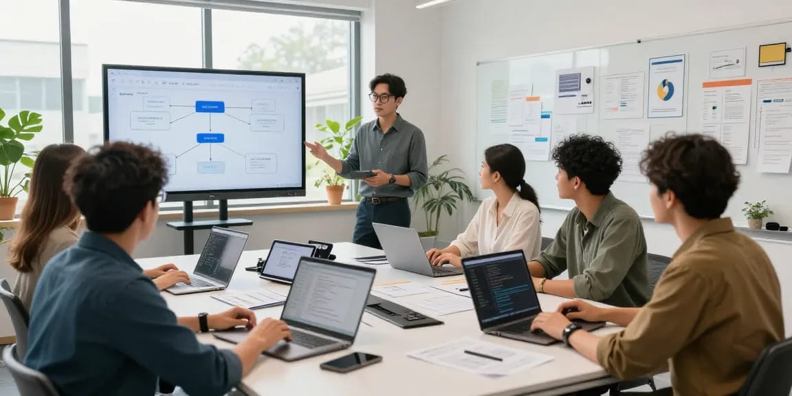 Team building internal tools with AI in a collaborative tech workspace, showcasing innovative ideas and teamwork.