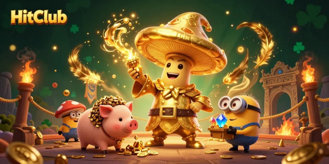 HitClub captivates players with a golden mushroom wizard magic scene showcasing rich gambling treasures.