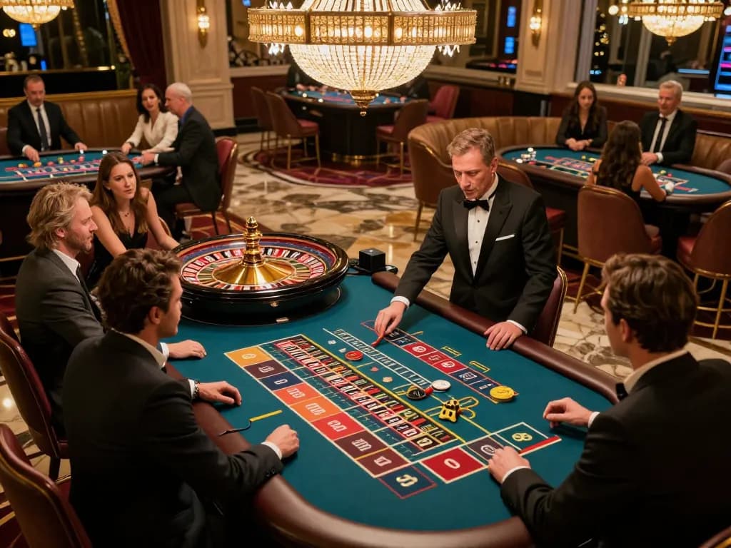 Players engage in thrilling roulette action at an upscale casino, enhancing their fly88 experience.