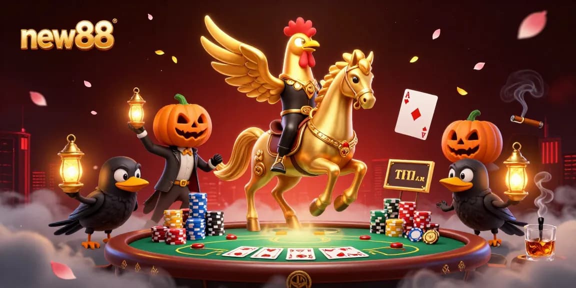Engage in thrilling gameplay at new88, a vibrant casino scene with whimsical characters and poker elements.