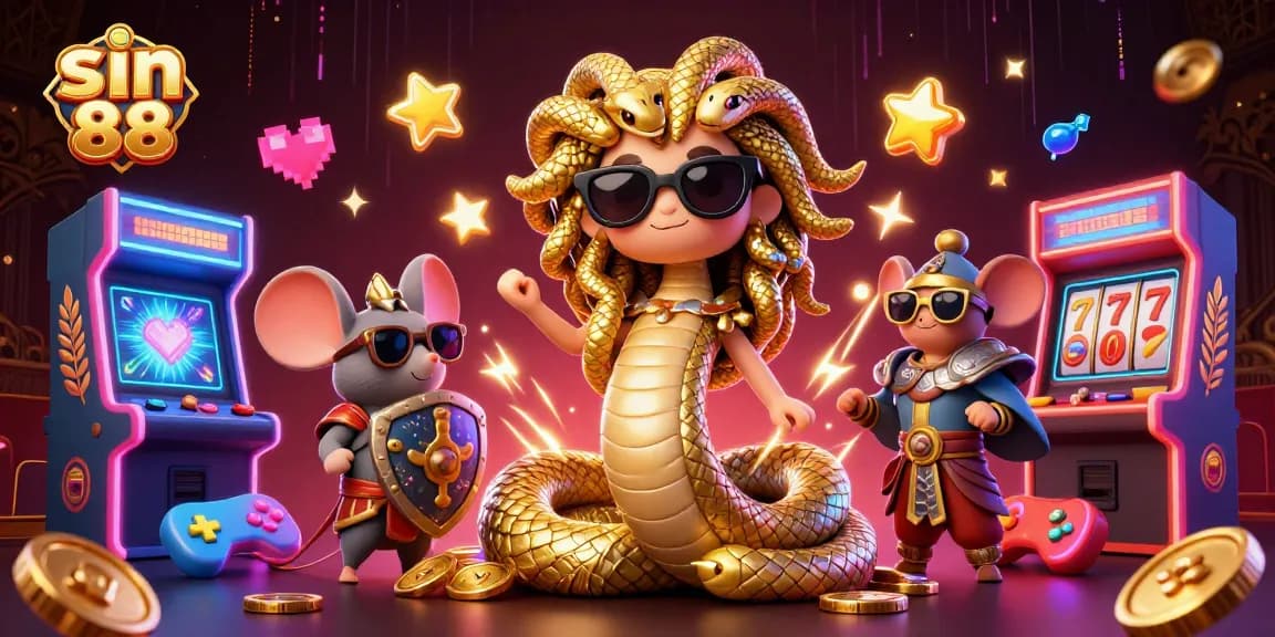 Engage in sin 88 gaming with Medusa and a warrior mouse in a vibrant 3D casino scene.