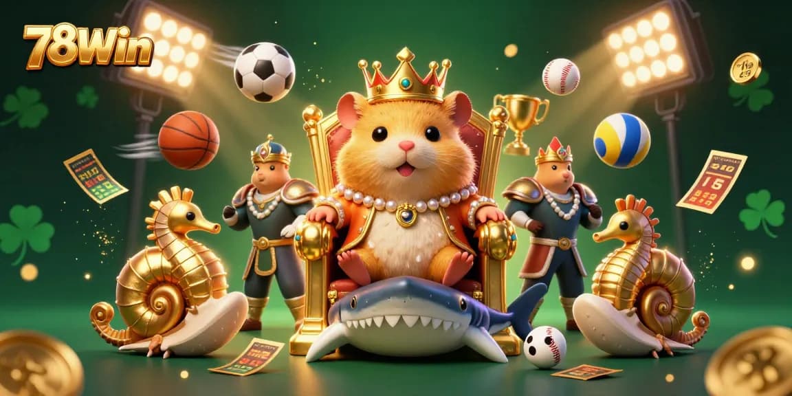 Join the excitement at 78Win with a vibrant scene showcasing a hamster king and royal guards amid sports-themed elements.