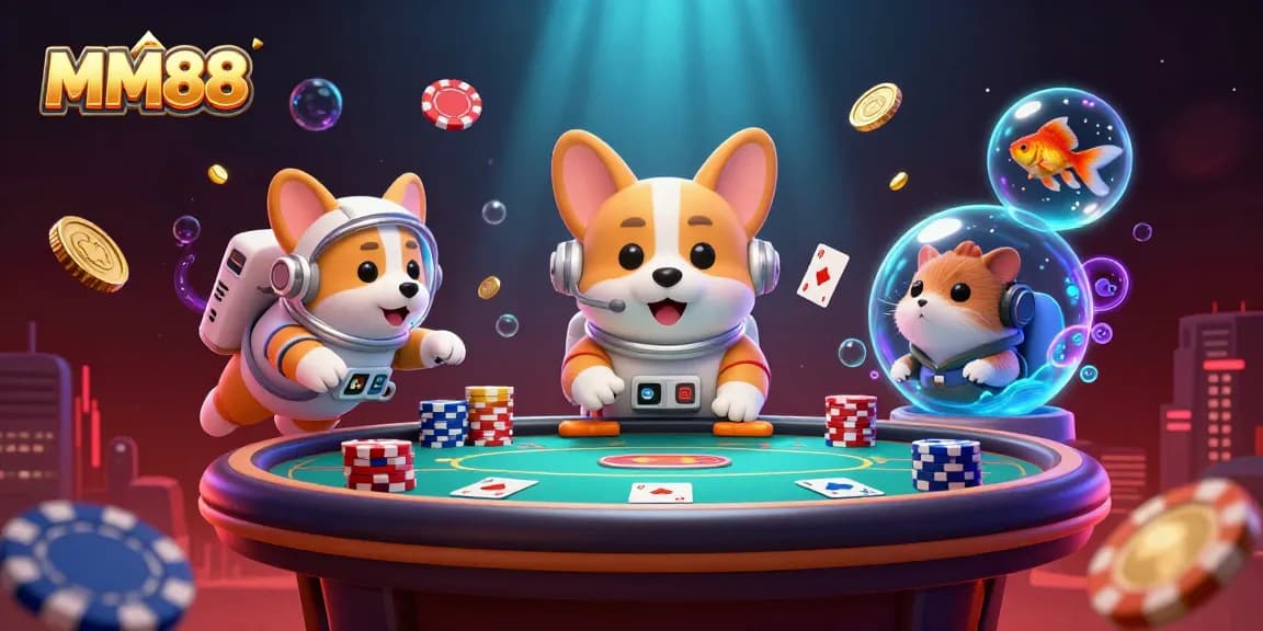 Feel the excitement with MM88 as cartoon characters navigate a vibrant casino atmosphere full of floating poker elements.