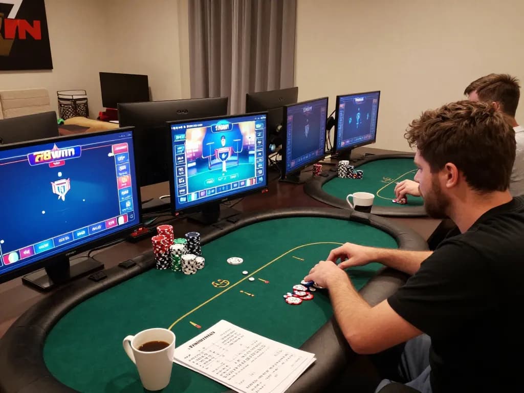 Engaging player strategizing poker skills at 78WIN with multiple screens illuminated by vibrant game graphics
