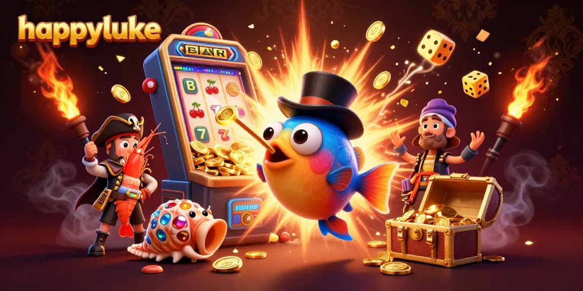 Spin to win with happyluke as a glowing anglerfish attracts coins in a lively casino scene.