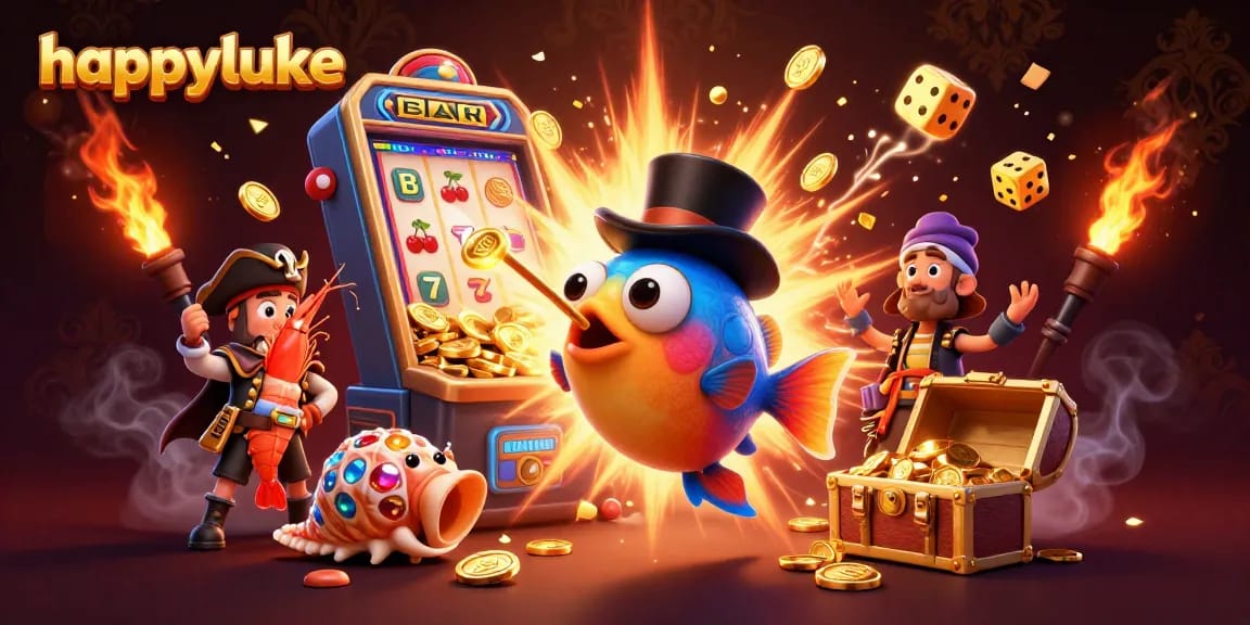 Spin to win with happyluke as a glowing anglerfish attracts coins in a lively casino scene.