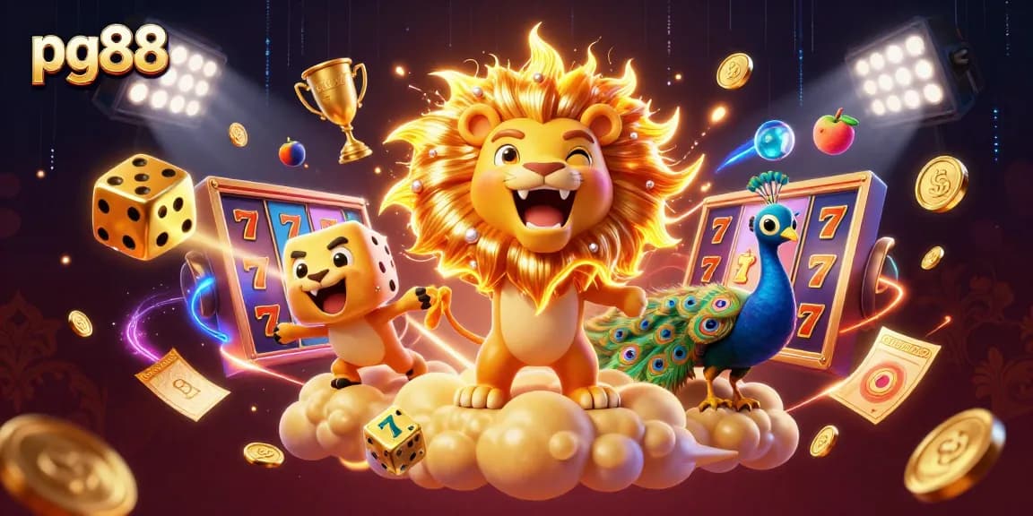 Experience thrilling slots action at pg88, featuring dynamic 3D characters amidst vibrant casino symbols.