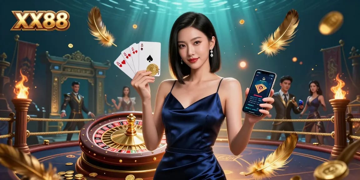 Exciting atmosphere at XX88 casino with a confident Asian woman showcasing a gaming app; dynamic elements abound.