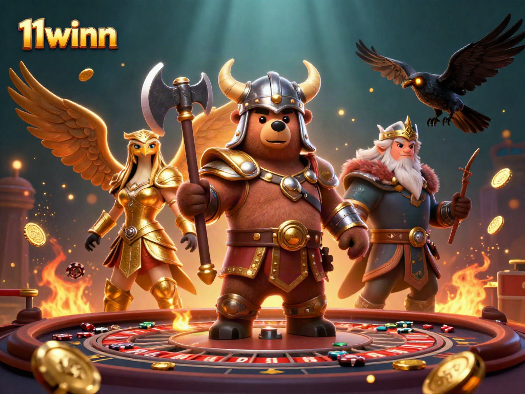 Join the thrilling action at 11winn with vibrant casino characters and golden tokens.