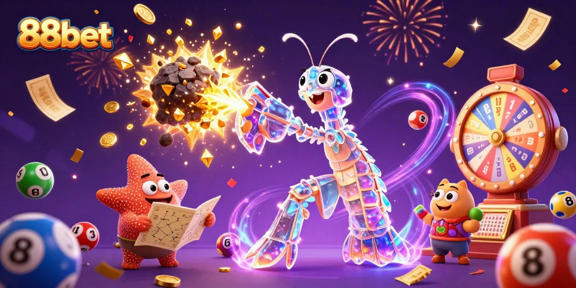88bet showcases vibrant gameplay with a mantis shrimp and starfish amidst lottery explosions.