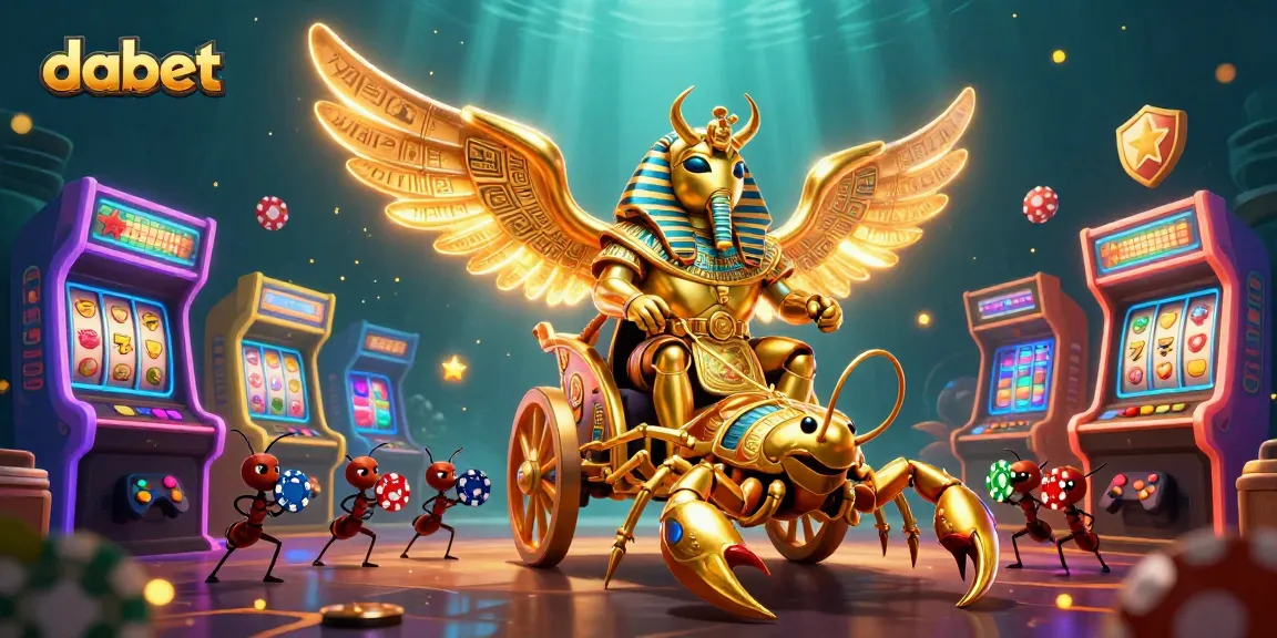 Engage with dabet's vibrant casino experience featuring golden scarabs and glowing slot machines.