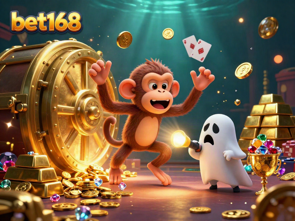 Experience the excitement of bet168 with this lively casino scene featuring a mischievous monkey and a curious puppy.