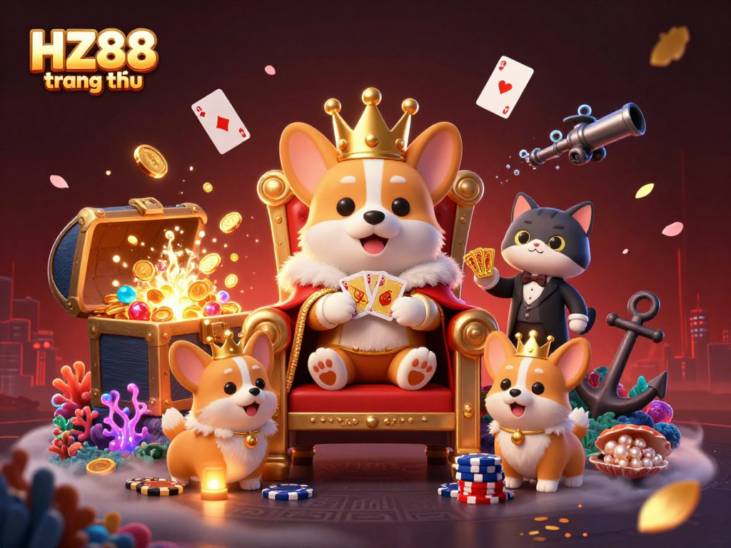 Experience the excitement of HZ88 trang chủ with royal corgi surrounded by treasures and games.