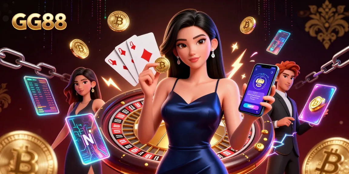 Engage in thrilling gameplay with GG88 as a stunning woman plays a casino app surrounded by crypto elements.
