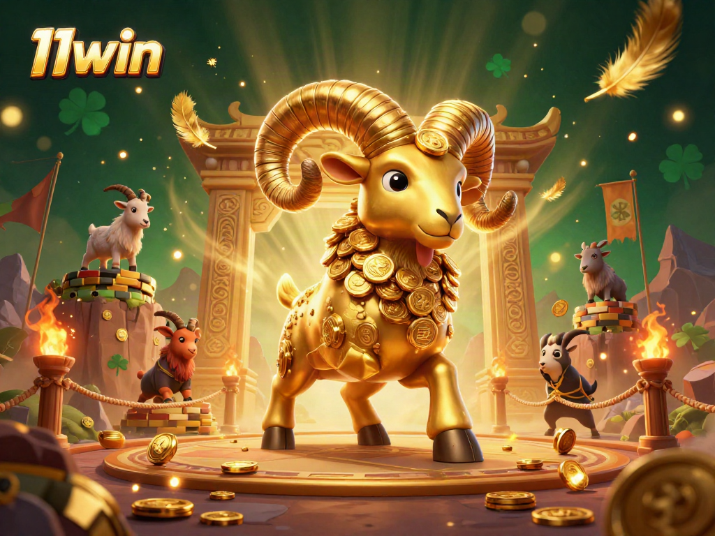 Experience thrilling action at 11win with golden ram and festive casino elements in vibrant 3D art.