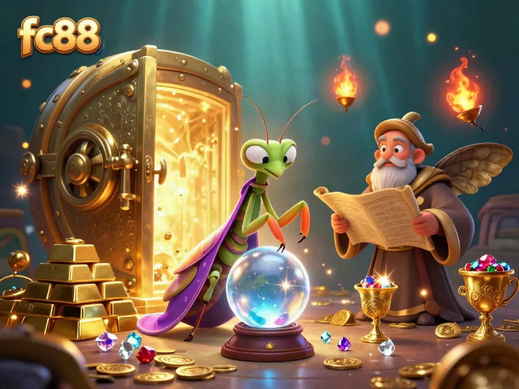 Engaging scene showcasing a mystical fc88-themed casino with a fortune teller and librarian among gold treasures and gems.
