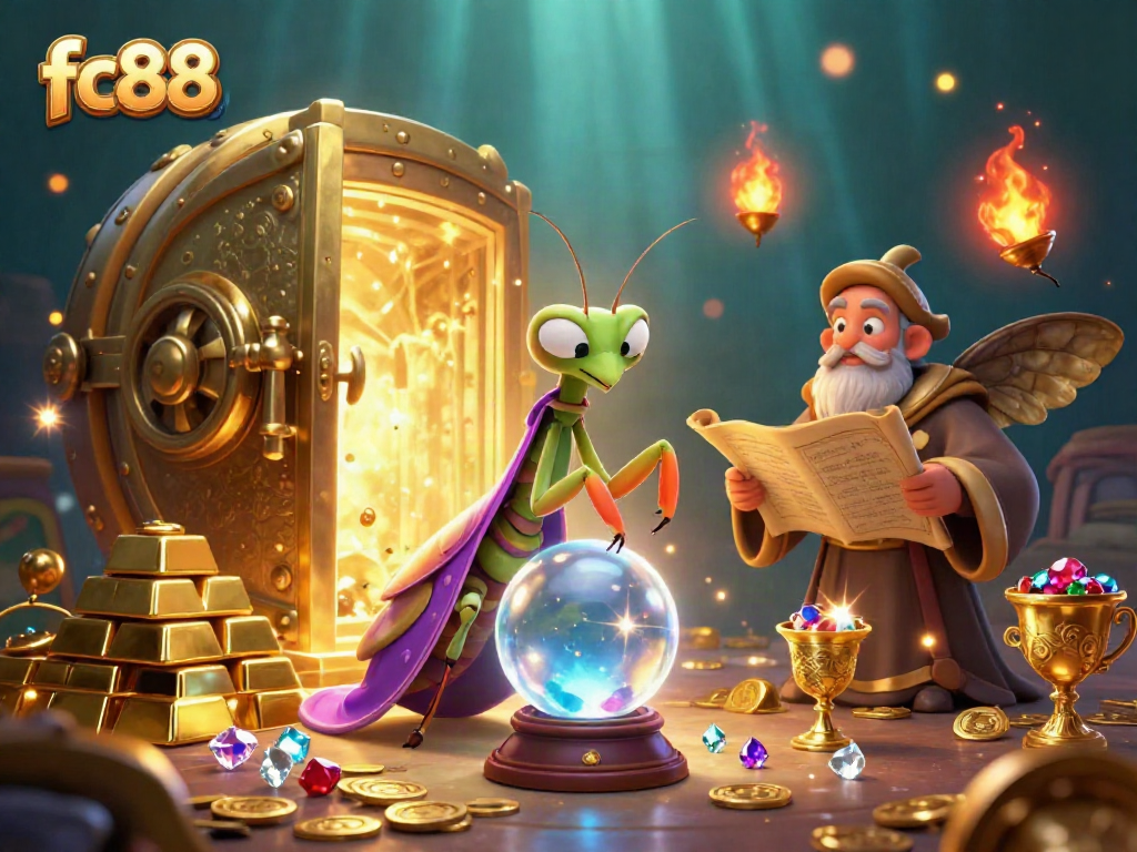 Engaging scene showcasing a mystical fc88-themed casino with a fortune teller and librarian among gold treasures and gems.