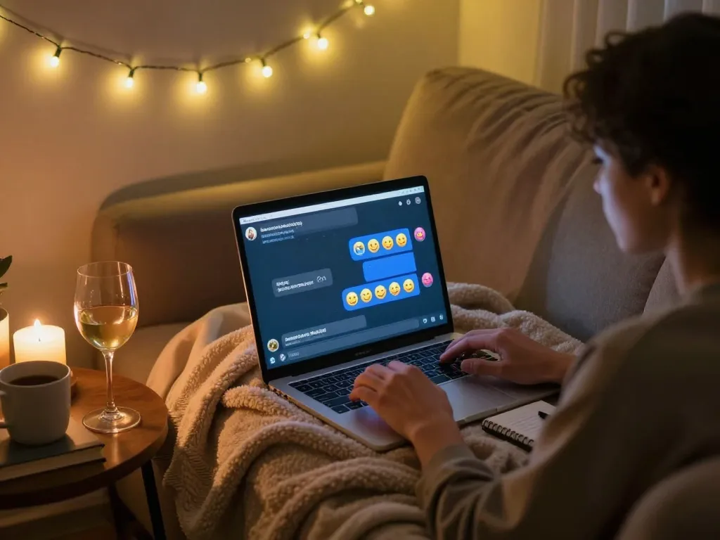 Cozy home setting with warm lighting, engaging in NSFW chat on a laptop.