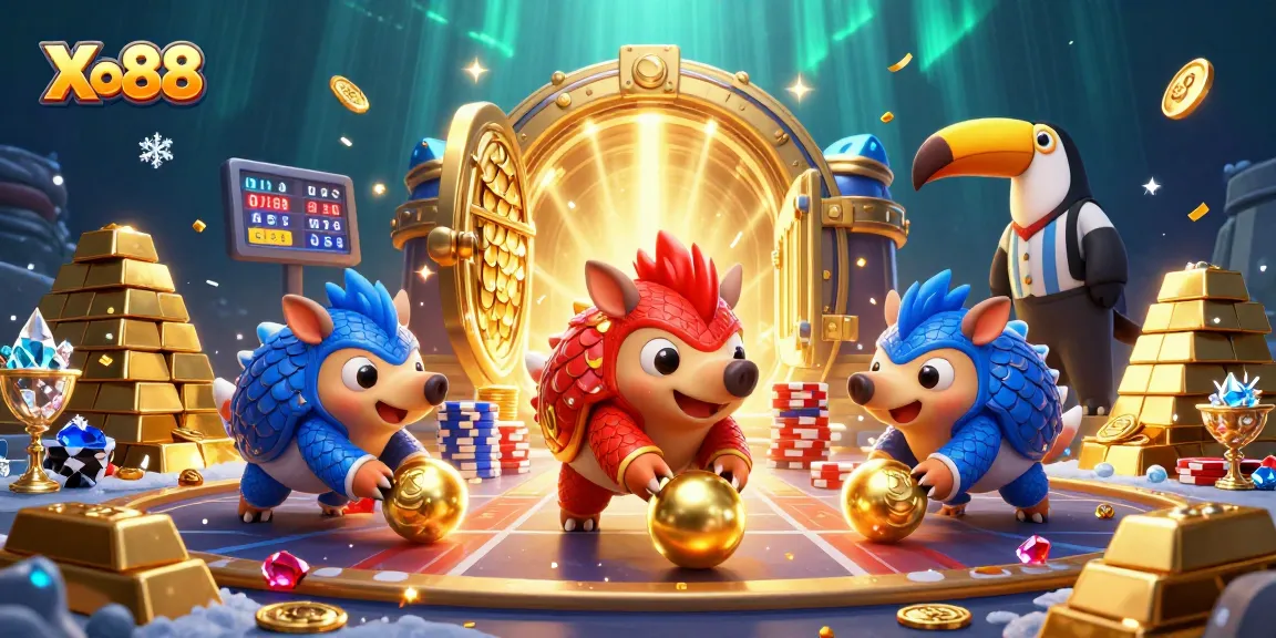 Xo88 pangolins compete in a vibrant casino scene with poker chips and treasures.