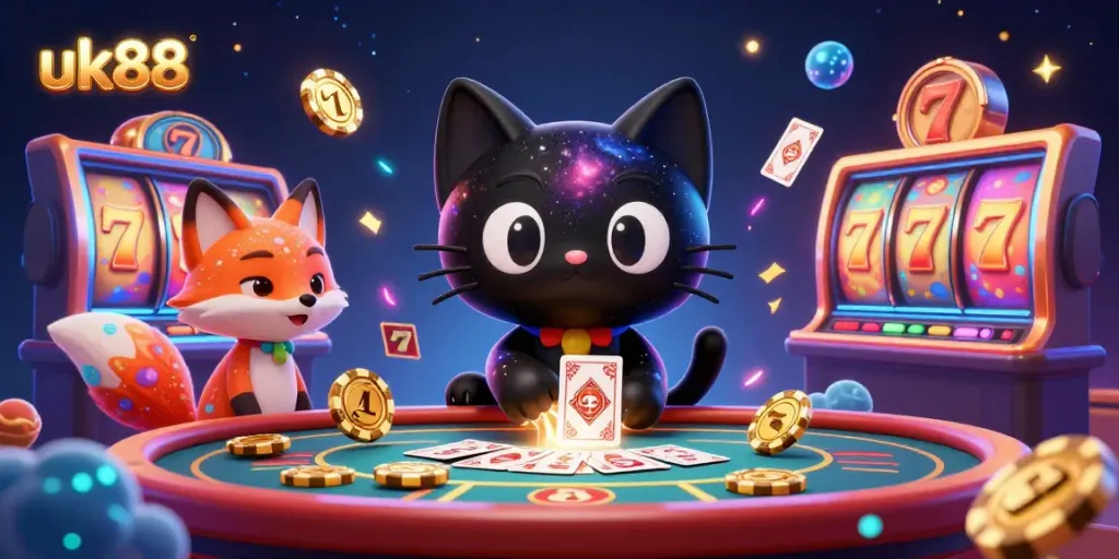 Engage with incredible uk88 gambling experiences in a cosmic casino illustration featuring vibrant characters and game elements.