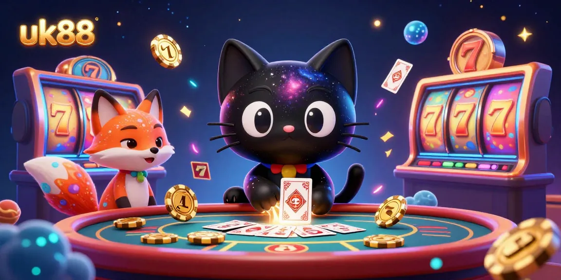 Engage with incredible uk88 gambling experiences in a cosmic casino illustration featuring vibrant characters and game elements.