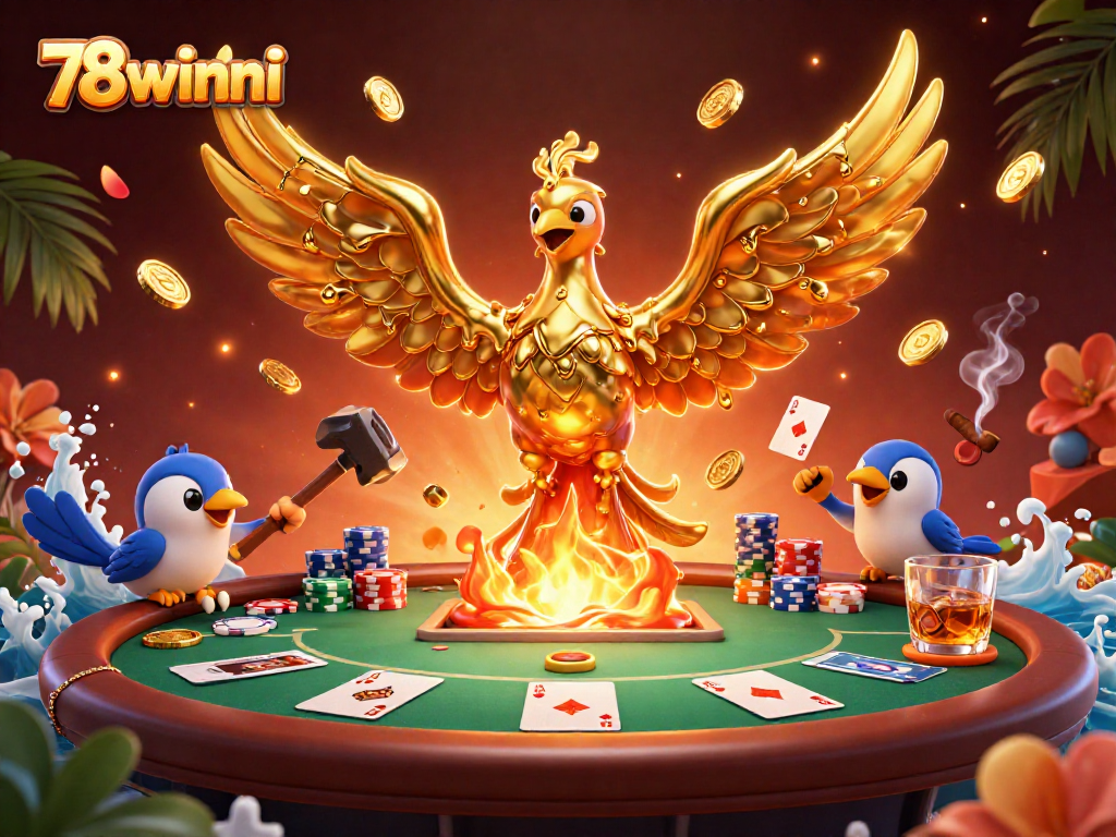 Experience thrilling victories at 78winni with golden phoenix, poker elements, and vibrant casino atmosphere.