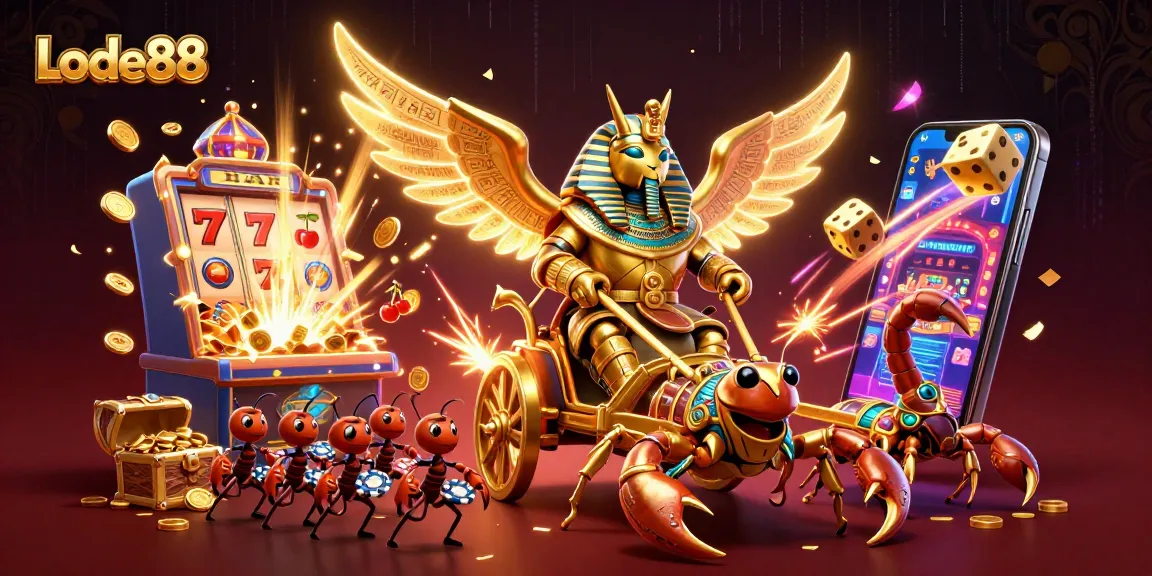 Lode88’s 3D scene showcasing a golden beetle with scorpions, vibrant casino elements, and jackpot excitement.