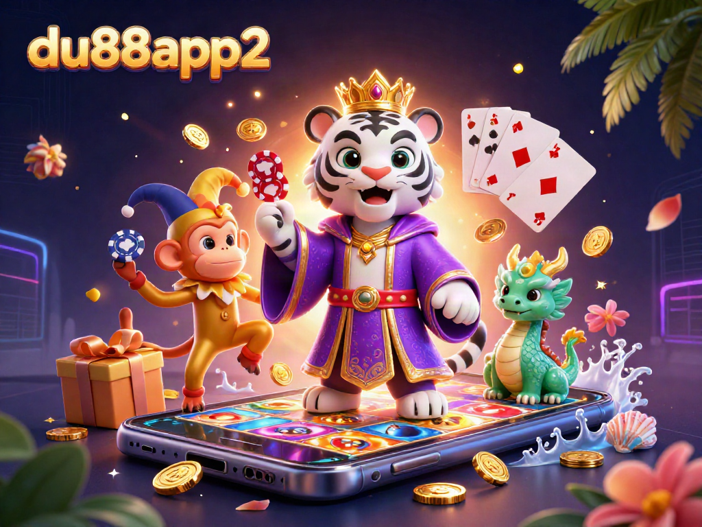 Engage with du88app2 in a vibrant 3D casino scene featuring a royal tiger and playful monkey.