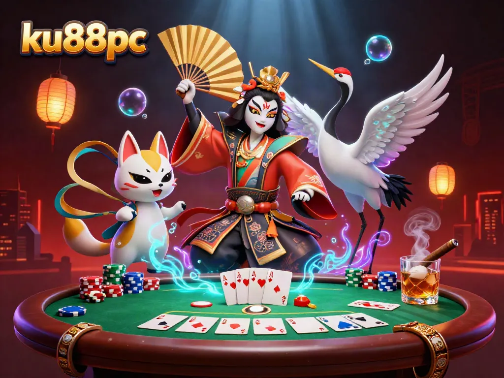 Engage in thrilling gameplay at ku88pc featuring a dynamic kabuki warrior Crane and vibrant poker scene.