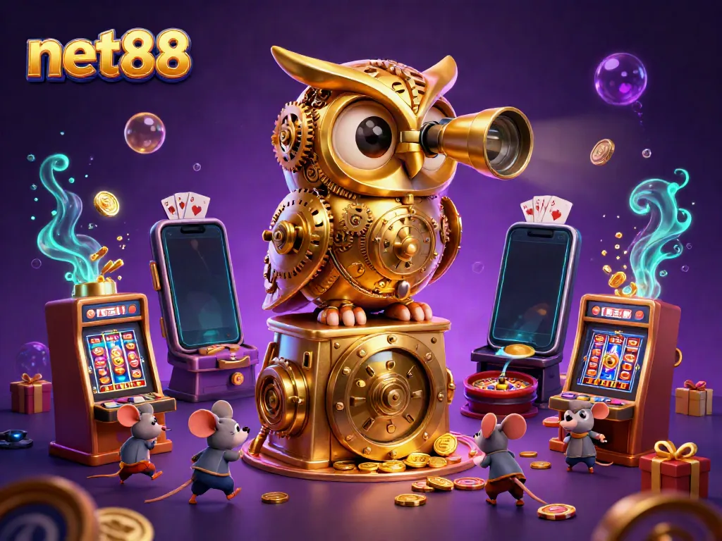 Experience thrilling casino action with net88, featuring a golden owl and animated mouse patrons amidst vibrant games.
