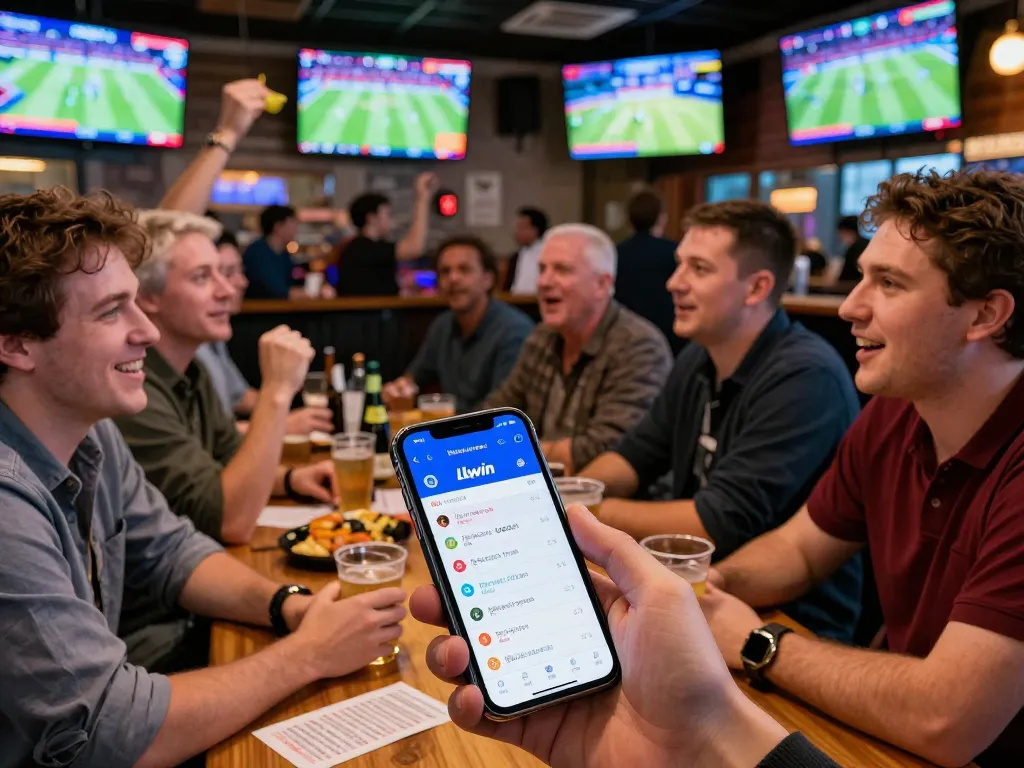 Experience the excitement of sports betting with LLwin ink app interface on smartphone in a lively sports bar.