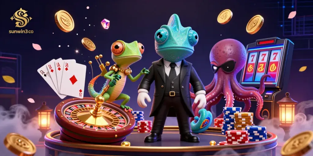 Play exciting games at sunwin3 co, capturing the thrill of a vibrant casino scene with colorful elements and dynamic action.