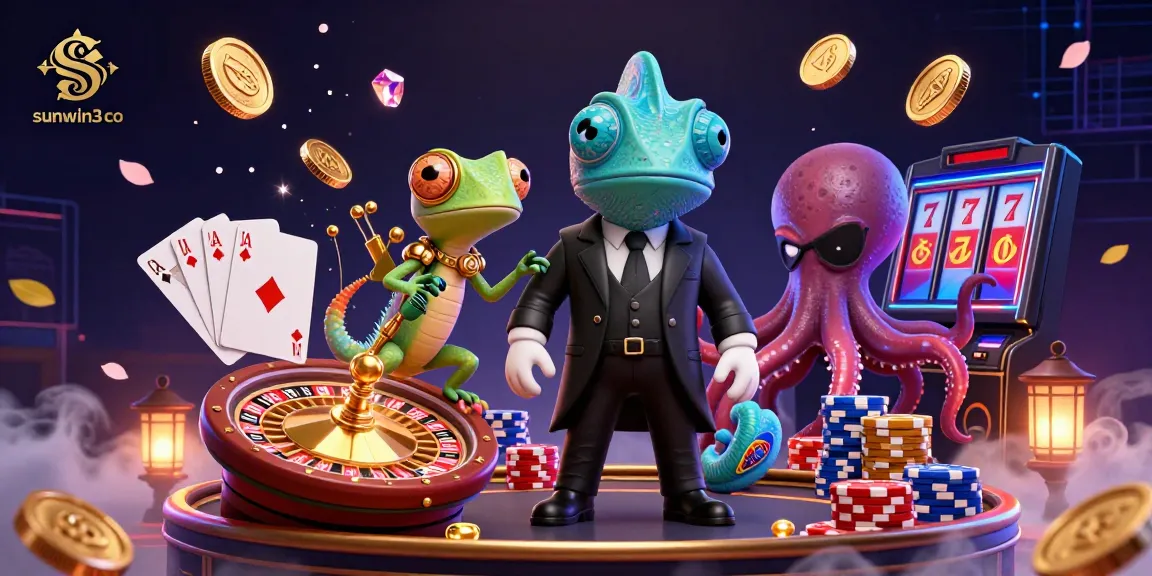 Play exciting games at sunwin3 co, capturing the thrill of a vibrant casino scene with colorful elements and dynamic action.